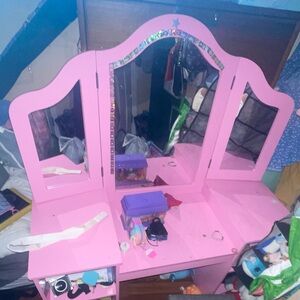 Pink Tri-Fold Vanity Mirror Desk